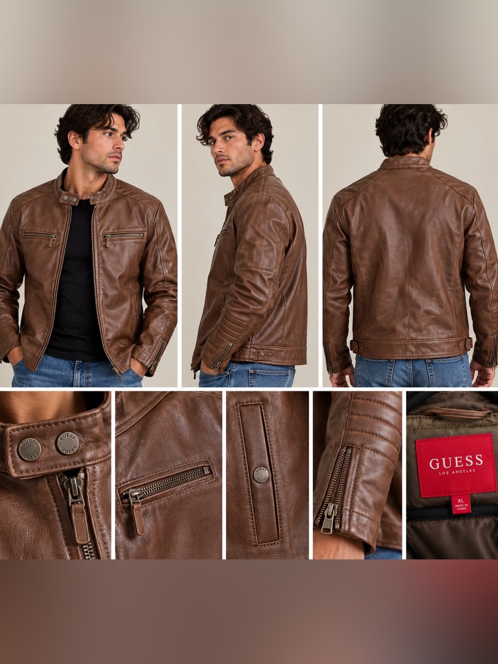GUESS Men's Brown Leather Bomber Jacket